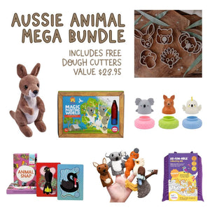 A collage-style product listing for an Aussie Animal Mega Bundle. The image shows a plush kangaroo toy, a boxed Magic Painting book, animal snap cards, animal finger puppets including a koala and kangaroo, cookie cutters, and other small items, with text reading 'AUSSIE ANIMAL MEGA BUNDLE' and 'INCLUDES FREE DOUGH CUTTERS VALUE $23.95'.