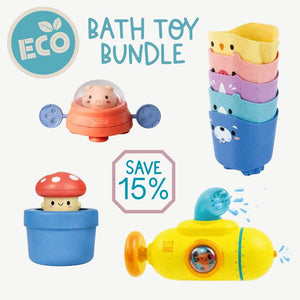 A collage of bath toys including stacking cups, paddle piggy, pop-up mushroom and submarine on a white background and titled 'ECO Bath Toy Bundle'