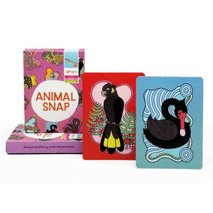 Card game set with colorful cards featuring animal illustrations and a pink box labeled 'Animal Snap'.