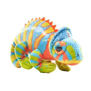 A brightly coloured chameleon stuffed animal toy on a white background.
