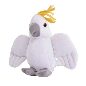 A white cockatoo plush toy with yellow crest on a white background