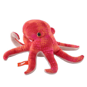 A plush octopus toy in vibrant pink and orange with a textured, scale-like pattern, featuring white inner tentacles and a small orange tag with a white logo, set against a plain white background.