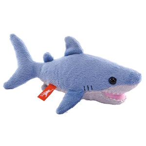 A blue shark plush toy with an orange tag and logo.