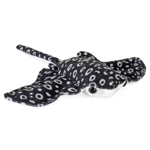 A plush stingray toy with a black and white spotted pattern, featuring a large black eye and a long tail, set against a plain white background.