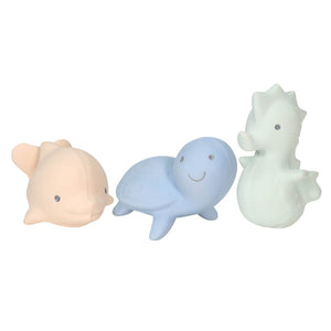 Three soft rubber teething toys including a dolphin, turtle and seahorse.