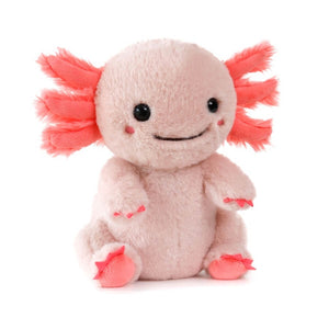 A plush toy of a cute pink axolotl named Alex with bright coral-pink gills, feet, and hands, sitting against a solid white background.
