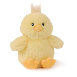 A soft yellow plush baby chick toy with a small tuft of fluffy feathers on its head, black bead eyes, and orange beak and feet, sitting against a plain white background.