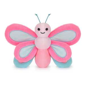 A pink and light blue plush butterfly toy with a smiling face, black eyes, and light blue antennae, centered on a plain white background.