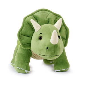 A green plush Triceratops toy with cream-colored horns and a textured stitched belly, photographed on a clean white background.