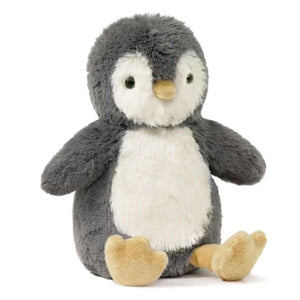 A plush stuffed penguin - "Little Iggy" by OB Designs - toy with a dark gray body, white chest and face, small black eyes, a yellow beak, and tan feet, photographed on a plain white background.