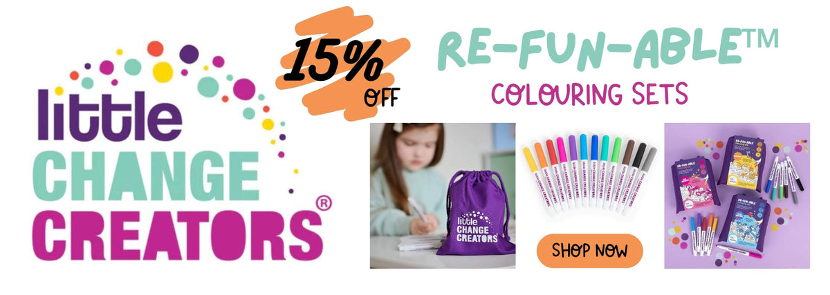Promotional banner for Little Change Creators with discount offer and product images.