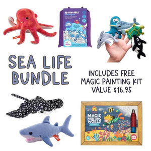 Collage on white background of Sea Life Toy Bundle offer - including plush ocean animals, felt finger puppets and art kits.