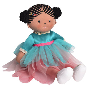 Rag doll with a blue and pink dress on a white background.