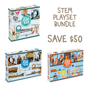Three boxed Zig & Go wooden toy playsets arranged on a white background with large text reading 'STEM PLAYSET BUNDLE' and 'SAVE $50'. The boxes show colorful wooden tracks, loops, and building blocks.