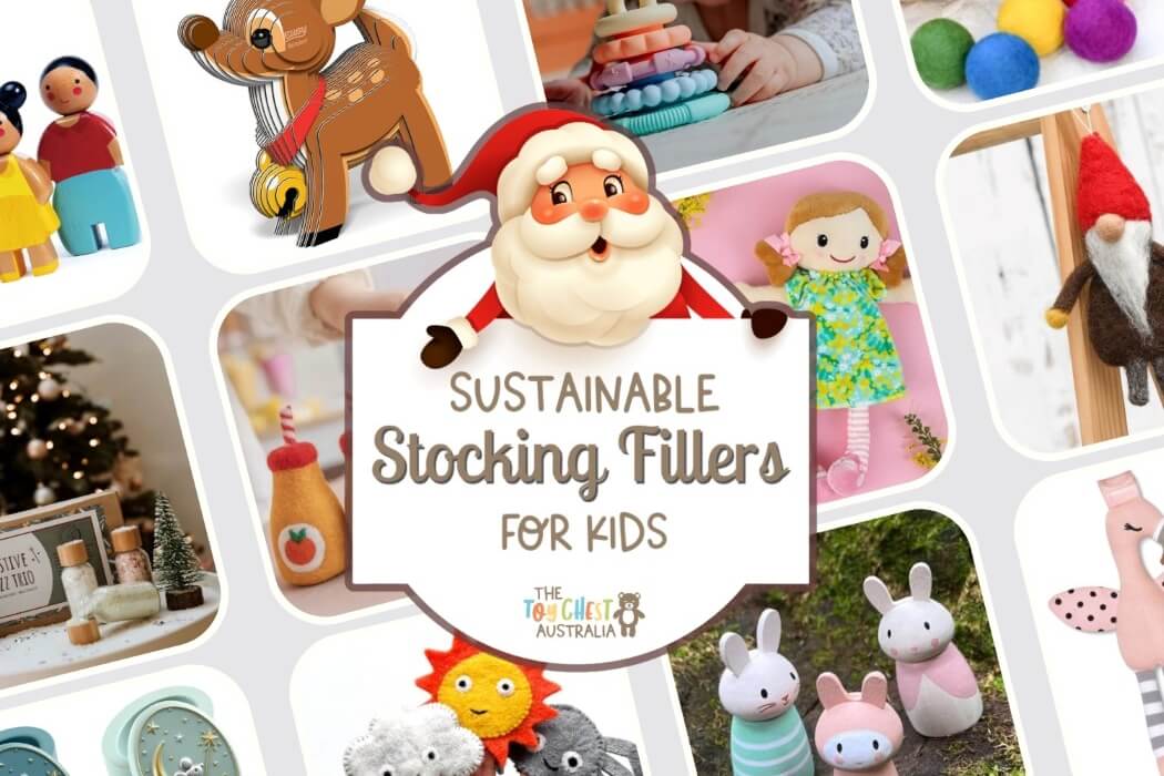 A collage of various toys with  a badge in front depicting Santa Claus and the title "Sustainable Stocking Fillers For Kids". The Toy Chest Australia is under the title.
