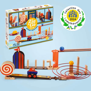 Wooden Zig & Go Racer action-reaction toy track set with packaging and ALF logo on a blue background