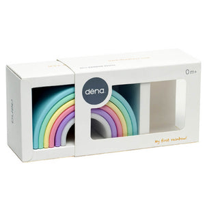 dena toys silicone pastel rainbow teether stacking toy in packaging